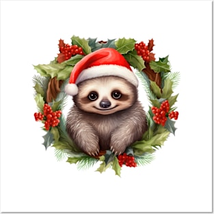 Christmas Sloth In Wreath Posters and Art